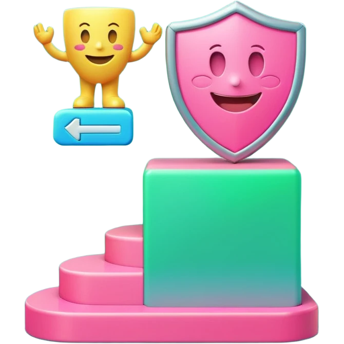 Minimalist 3D emoji-style podium with 2 steps on a green chroma key background. Step 1 (higher) features a handshake icon with blue neon glow. Step 2 (lower) features a smiling tooth with a shield icon and pink neon glow. Clean rendering, soft colors, uniform lighting emoji