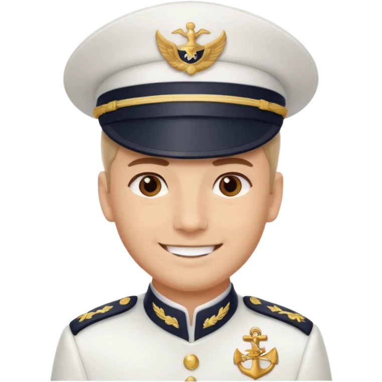 A light-skinned man with brown eyes, smiling while wearing a white captain’s hat with a navy emblem. emoji