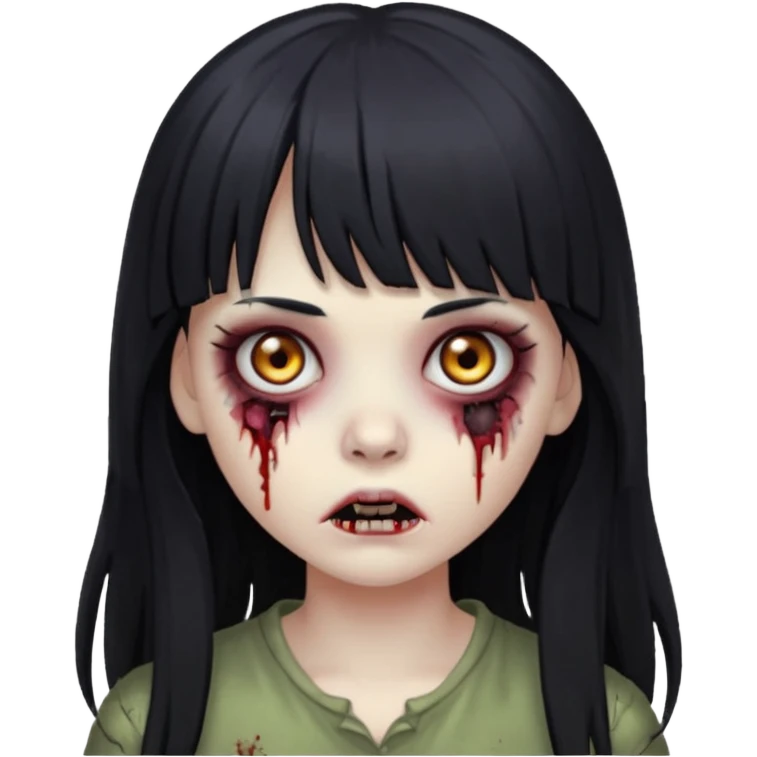 faça o emoji de uma menina zumbi de cabelos longos pretos com franja emoji