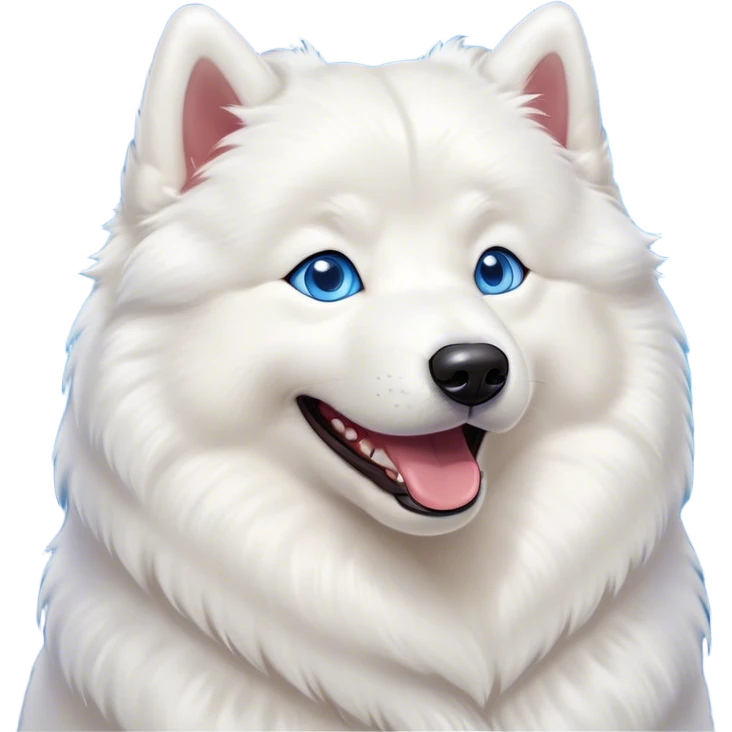 Cinematic Comical Samoyed Portrait Emoji, Head tilted dramatically with an exaggeratedly amused expression, featuring a striking, fluffy white Fur with a radiant sheen, wide, expressive blue eyes filled with playful disbelief, Simplified yet hilariously expressive features, highly detailed, glowing with a slightly sassy glow, high shine, dramatic yet playful, stylized with an air of cheeky mischief, bright and endearing, soft glowing outline, capturing the essence of a spirited and over-the-top companion, so meme-worthy it feels like it could side-eye its way into internet fame instantly! emoji