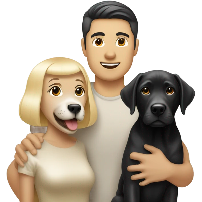 Blonde man with black haired asian women and silver lab puppy emoji