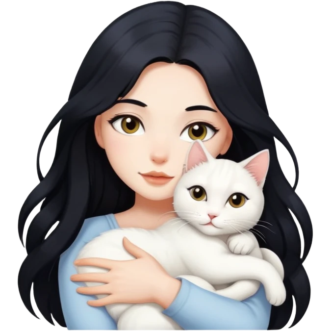 Beautiful sexy girl with long black hair hugs a white cat emoji