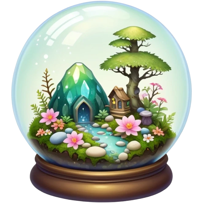 Sparkly shiny iridescent Mystical woodland glass-dome-terrarium-globe with moss inside, with marbles, with pebbles, crystals, with bones inside, and flowers inside  emoji