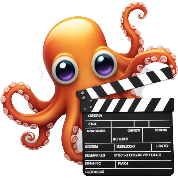 "A vibrant 3D emoji of a cheerful octopus holding a modern movie clapperboard, with dynamic tentacles symbolizing creativity and speed. The design features colorful gradients, sleek editing icons, and a semi-transparent background for versatility." emoji