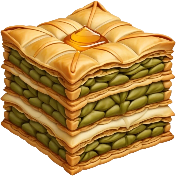 Cinematic Realistic Baklava Dessert Emoji, depicted as layers of flaky pastry with honey and nuts rendered with rich textures and warm, inviting lighting. emoji