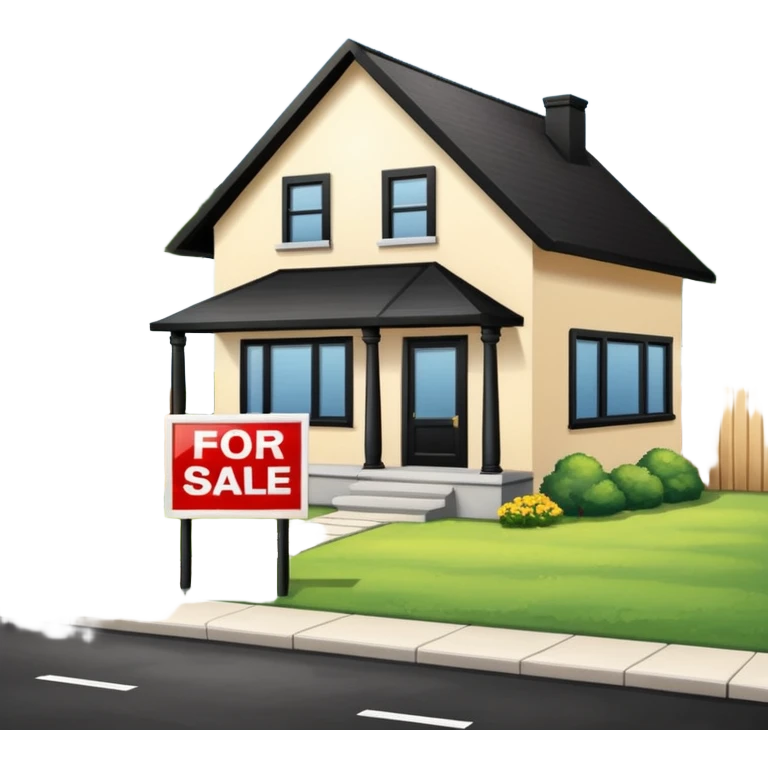 pic of house with for sale sign in yard, next to a bank emoji