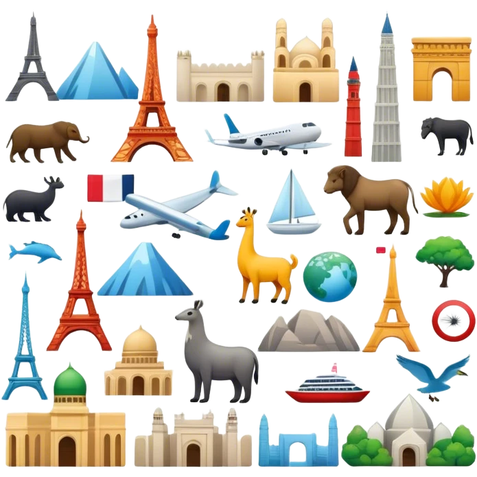 Icon for Magnet Collecting: a variety of colorful magnets with iconic landmarks, animals, and symbols from different countries, neatly arranged on a magnetic board or fridge. The icon should convey the fun and diversity of magnet collecting. Transparent background. emoji