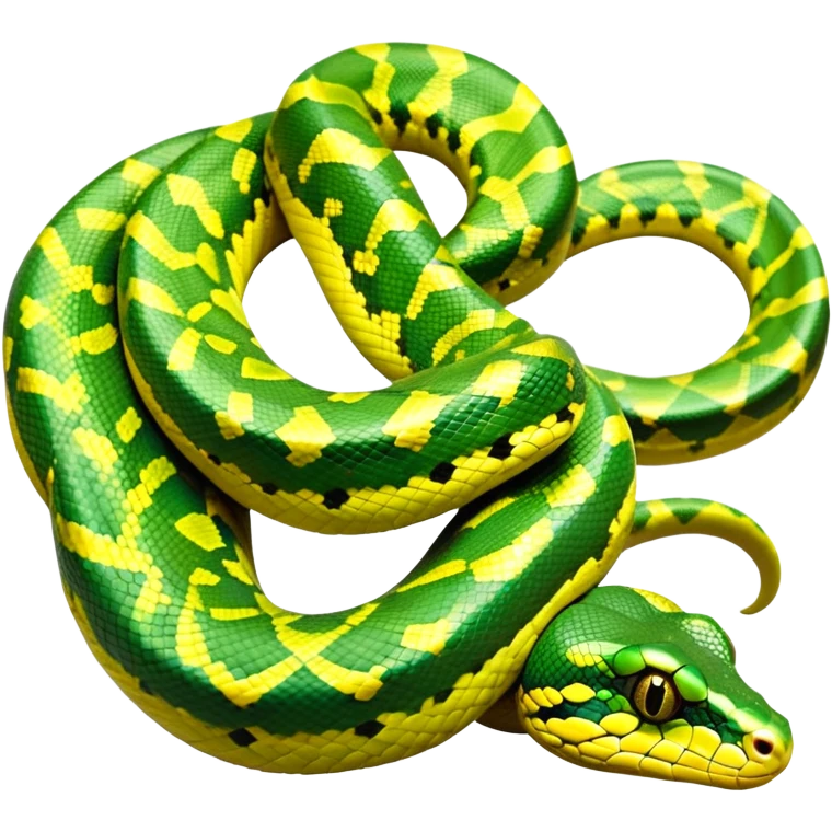 cinematic-green tree python-realistic-full-body-coiled-emoji,-thick-scaled-body-looped-tightly,-intricate-tellow and green-patterned-scales-reflecting-light,-head-tilted-dramatically,-slitted-eyes-staring-calmly,-simplified-yet-realistic-focused-feature emoji