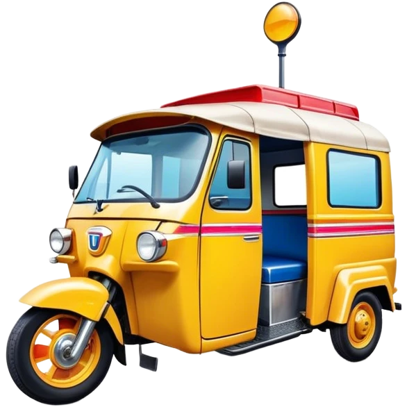 Cinematic Realistic Tuk Tuk Pop Culture Emoji, featuring a vibrant portrayal of the iconic Thai tuk tuk rendered with dynamic textures and lively, urban lighting. emoji