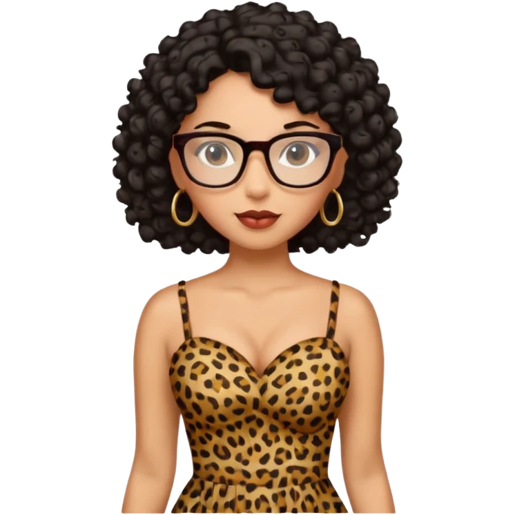 A women who wears glasses with a black curly hair, in a leopard print dress sweetheart neckline  emoji