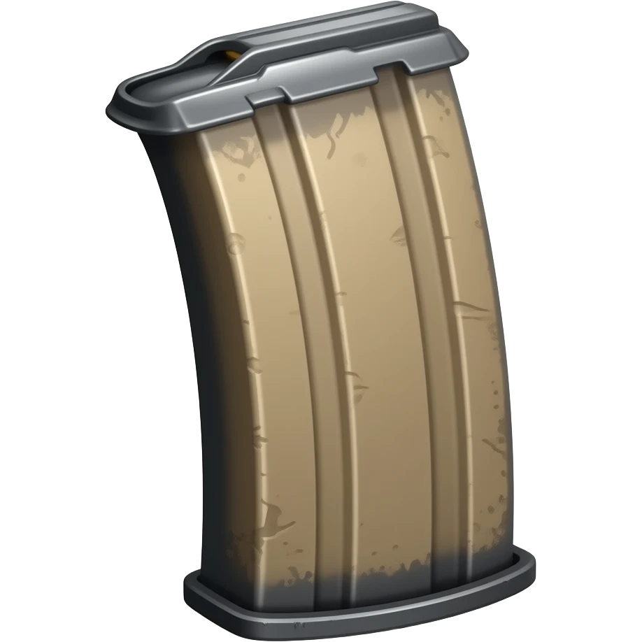 Minimal tactical cartoon emoji style, modern rifle magazine with slight metallic wear, tan and black finish, realistic shape simplified for emoji readability, subtle dust, transparent background, centered composition, thick outline. emoji