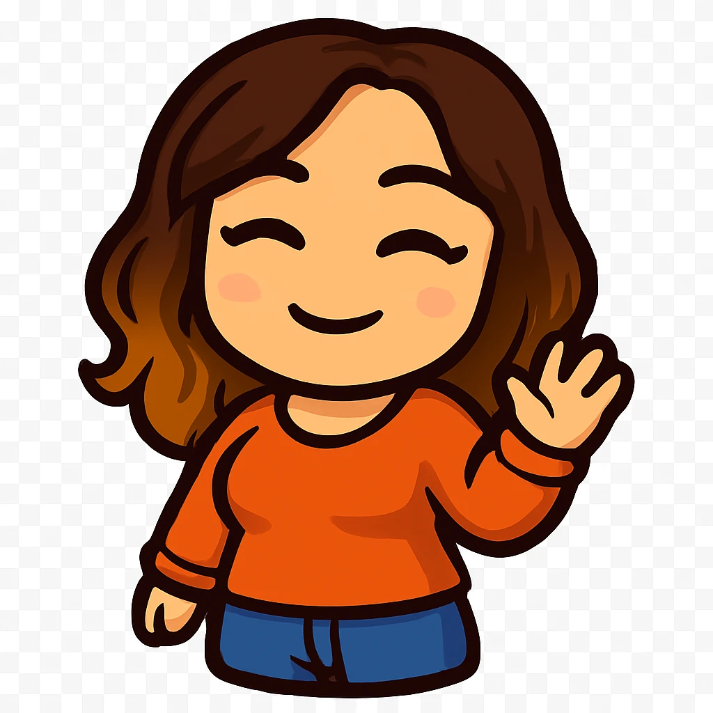 Sticker style chibi emote, matching the attached green heart emote as a base, but with a slightly skinnier body and a bigger chest. Woman from reference, orange sweater and blue jeans, waving hello, cute friendly face, no headband, no wand, no green heart, transparent background. Top color should not match jeans. emoji