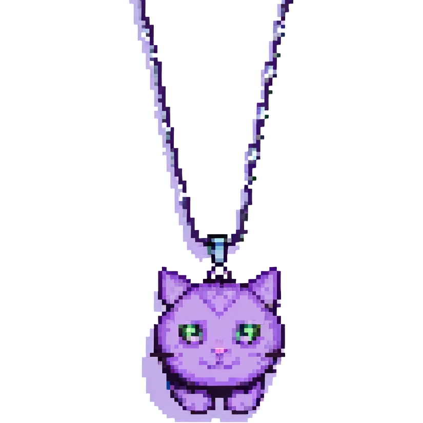 pixel art purple cat with a black eye, white pupils, and a moon necklace emoji