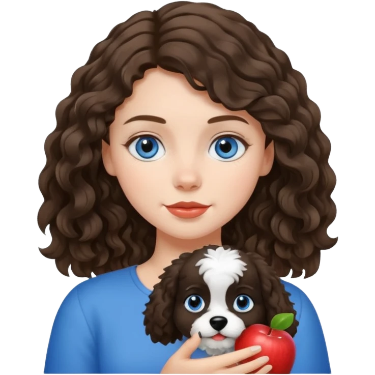 White Baltic girl with wavy brunette hair and blue eyes, holding her black and white fluffy dog, apple emoji style emoji