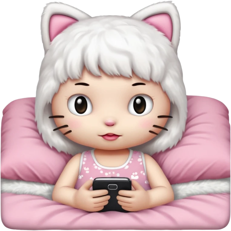 hello kitty without a mouth tucked into bed and using her phone emoji