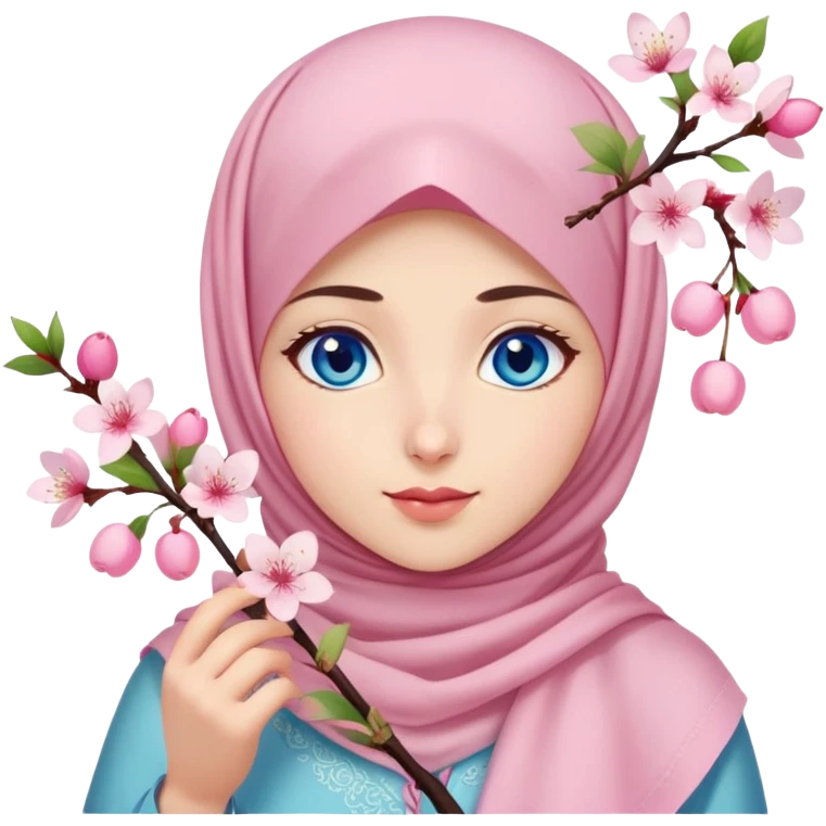Turkish beautiful finish Konya girl blue eyes with light pink hijab islamic dress and had on her hand cherry blossom emoji