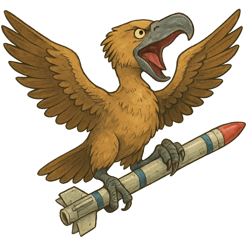 an insignia for a flag: a strange foreign alien bird creature, resembling a prehistoric phorusrhacos, gripping a sidewinder missile in its' powerful claw, standing up on its' other claw, cawing fiercely, wings spread in defiance.
 emoji