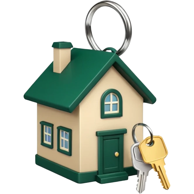 dark green small house keychain with light beige keys hanging on one light beige ring emoji