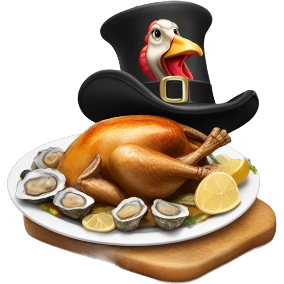 Turkey with hat slice of black toasted bread with pan of oysters, fire emoji