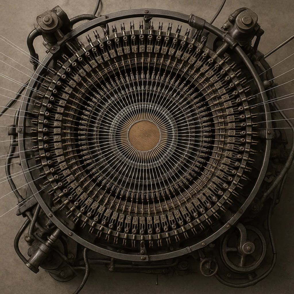 a circular weaving machine, detailed, mechanical, viewed from above emoji