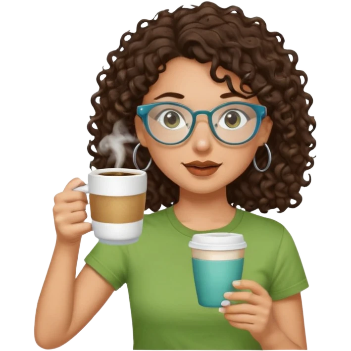 White girl with dark brown curly hair, brown eyes, sky blue glasses, nose ring, green t shirt, drinking coffee from a glass cup emoji