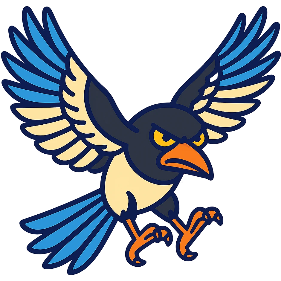 Make the flying magpie look evil with sinister eyes and a mischievous expression, no background. emoji