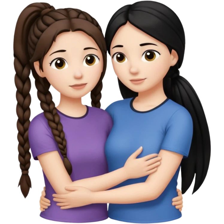 Comforting Hug two white skin women, one shorter woman with medium brown simple top ponytail, not braided, and one taller woman with a single long black side braid emoji