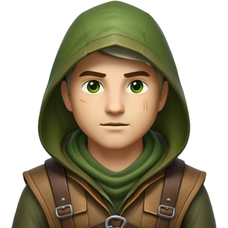 Clash of Clans aesthetic friendly Ranger Portrait Emoji, With a lean, agile build clad in earth-toned leather and green accents, a keen, focused gaze and a weathered hood shadowing determined eyes, his face rendered in a natural skin tone (not yellow), Simplified yet sharply defined features, highly detailed, glowing with a soft, natural woodland radiance, high shine, intelligent and resolute, stylized with an air of forest guardian authority, focused and alert, soft glowing outline, capturing the essence of a confident ranger ready to defend the wild with stealth and valor! emoji