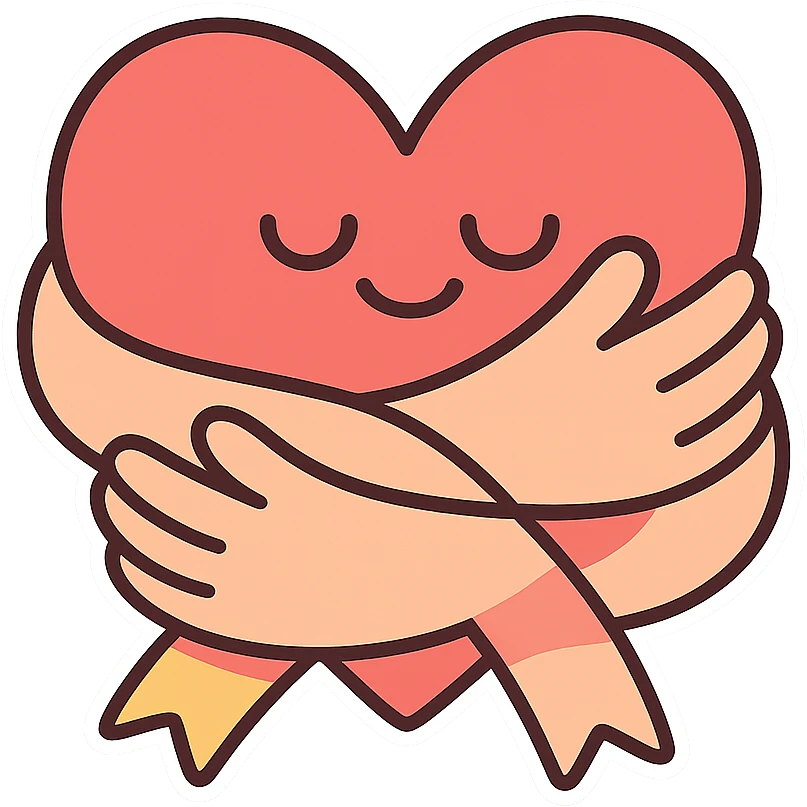 heart wrapped with soft ribbon or hands, symbol of self-care and self-acceptance, pastel toon style, clear contours, soft shadows and highlights, white outline emoji