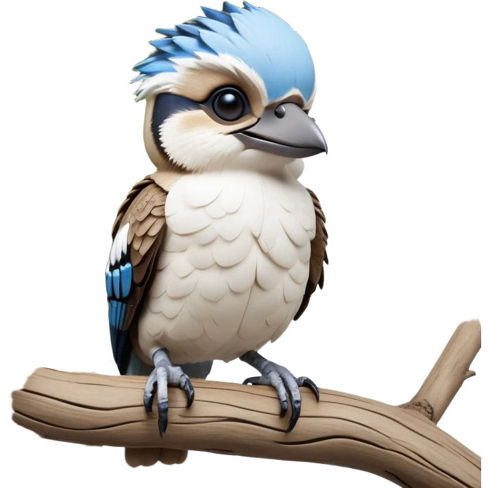 cinematic-kookaburra-realistic-full-body-perched-emoji,-compact-sturdy-frame-balanced-on-a-weathered-branch,-blue-and-white-feathered-wings-folded-neatly,-bold-striped-face-with-a-mischievous-glint-in-its-eye,-massive-sharp-beak-slightly-open-as-if-ready-to-laugh,-simplified-yet-realistic-focused-features,-highly-detailed,-glowing-with-a-warm-golden-light emoji