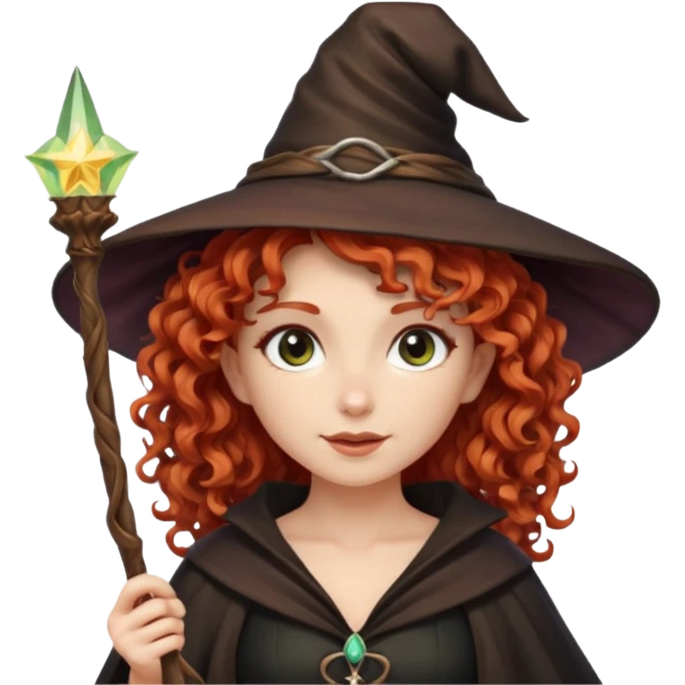 Рыжая кудрявая фея ведьма в шляпе и с волшебной палочкой белая кожа emoji