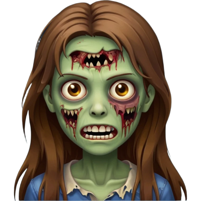 Girl zombie with brown long hair with teeth and serious face IOS style emoji