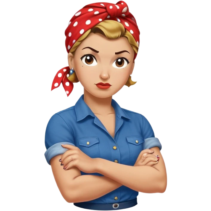 Rosie the Riveter iconic flexed arm pose, determined look, blue shirt, red polka dot bandana emoji