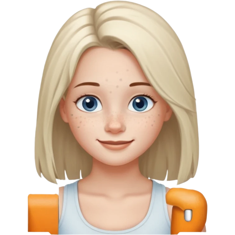 Una chica de tez blanca con pecas, nariz respingada, labios gruesos, ojos grandes color azul grisáceo, pelo largo, lacio, color avellana. Con una blusa de tirantes blanca. Que este sonriendo y q solo se vea de la cintura hacía arriba emoji