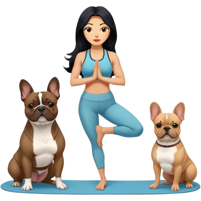 latin woman in a yoga outfit with long black hair standing alongside two French bulldogs emoji
 emoji