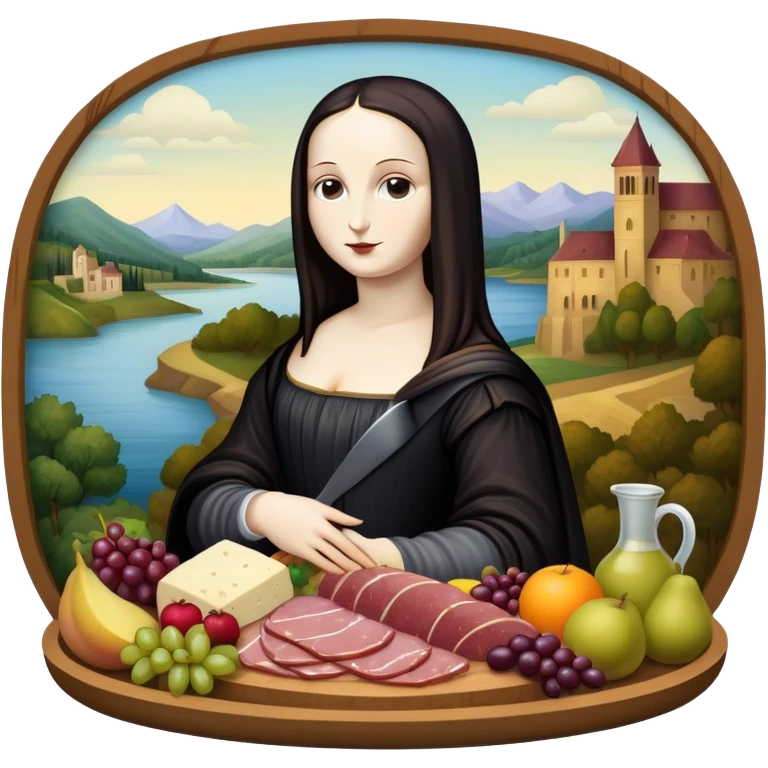  goth mona lisa with SPAM MEAT charcuterie and fruit tray renaissance landscape emoji
