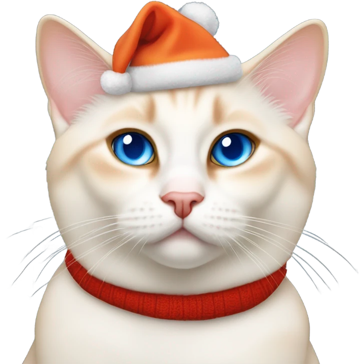 chubby flame point Siamese, white fur with orange accents and blue eyes wearing a red christmas hat  emoji