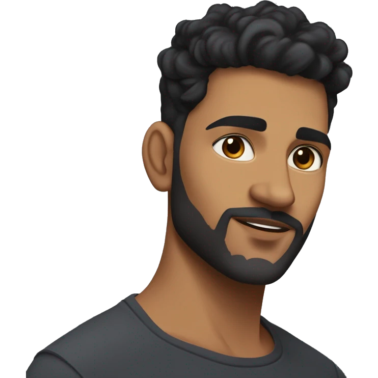 light brown skin indian man with black coloured short to medium curls hair with a skin fade on the sides with nicely shaped eyebrows with brown eyes and a beard thats not too thick and a good jawline but not too big and long of face emoji