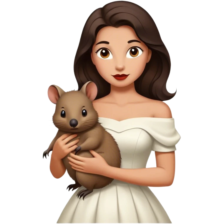 Beautiful woman in 1950’s woman fashion look, off-shoulder white dress, long dark brown hair, wombat emoji