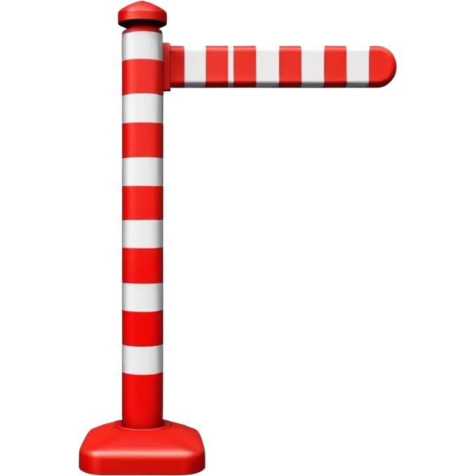 Flat emoji-style icon of a parking barrier gate (boom barrier).
Red and white striped horizontal arm, raised at a slight angle.
Simple geometric shapes, clean vector design.
No text, no background, transparent or plain background.
Bright colors, high contrast.
Centered object, minimal details. emoji