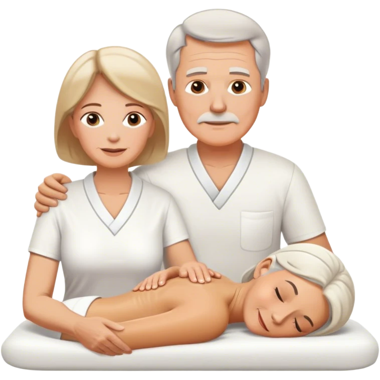 60-year-old white man dressed in white tunic giving massage to a 60-year-old white woman emoji