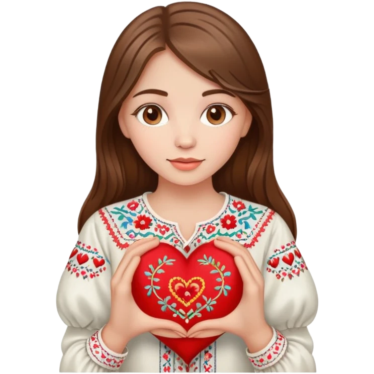 A beautiful young girl with brown hair in a Ukrainian embroidered shirt is holding a large embroidered heart emoji