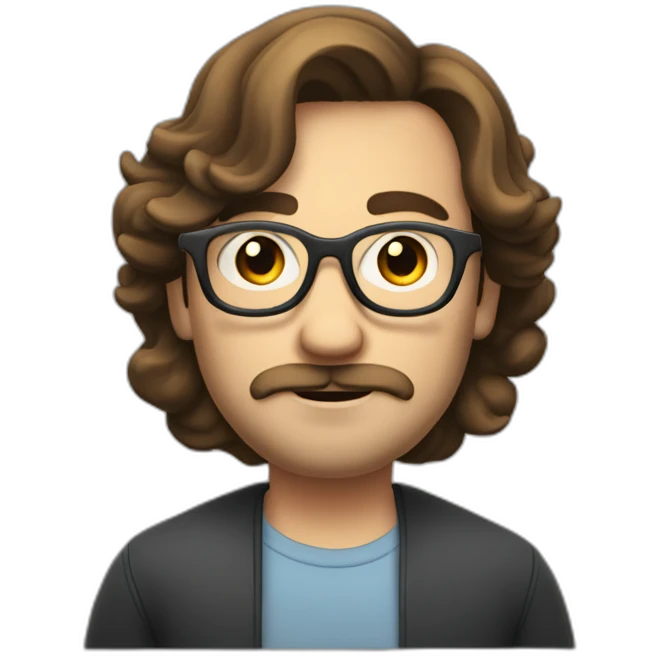white guy with curled mi-long hair, brune, with glasses, with small moustache and beard emoji
