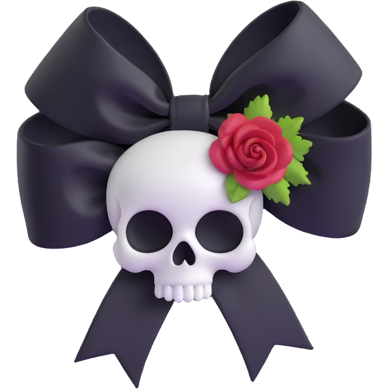 3D emoji gothic bow, white satin, silver skull charm, black feather accents, black rose center emoji