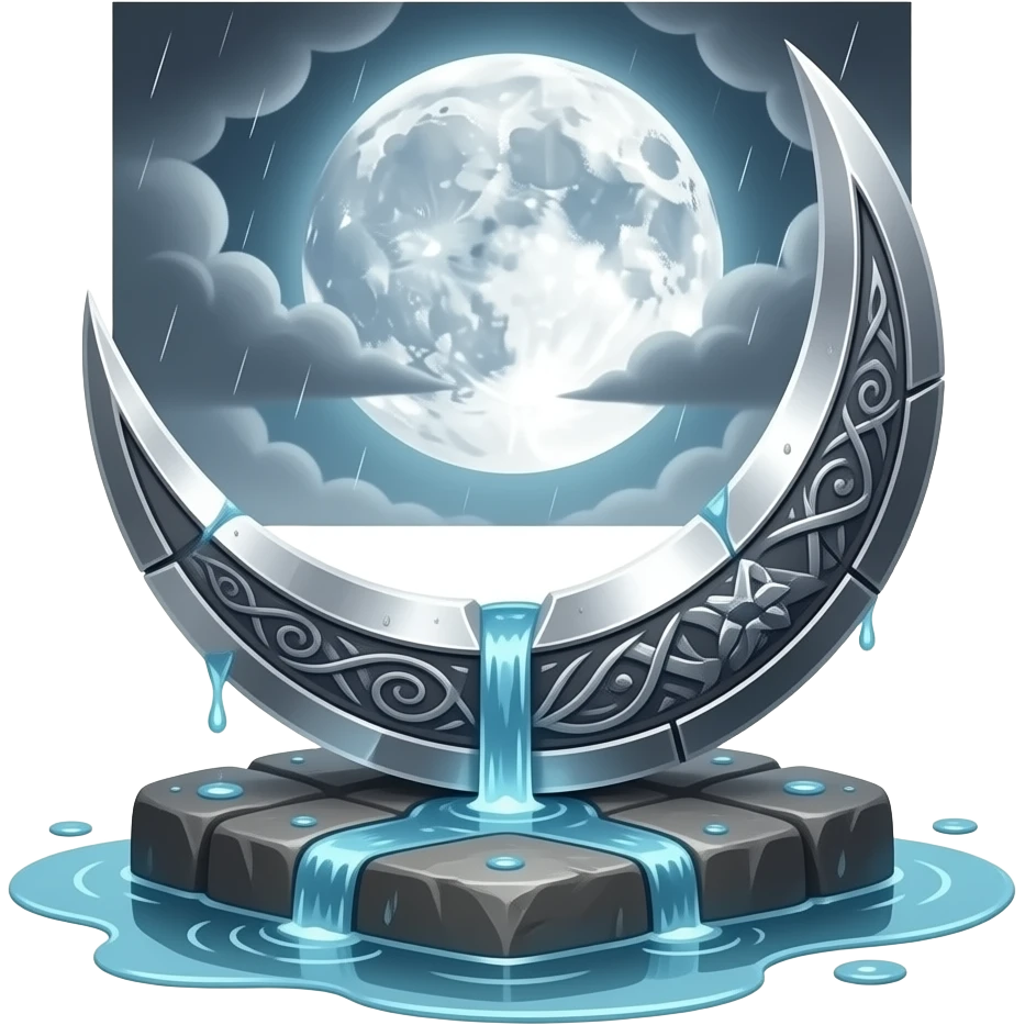 a fallen moon‑crescent blade, its engraved metal gleaming faintly on rain‑drenched stone, stormwater running along its curve, the full moon burning through torn clouds above, silver light pooling around it like a quiet omen emoji