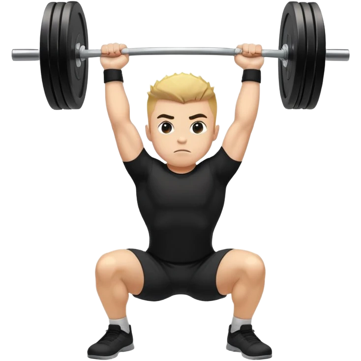 A boy with wheat color skin, black front spike and wearing a black shirt is doing an overhead squat with a lot of weight on the barbell emoji