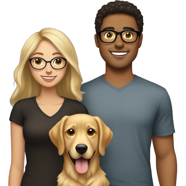 26 year old brunette with blonde highlights wearing glasses with her husband with dark brown hair and their golden retriever  emoji