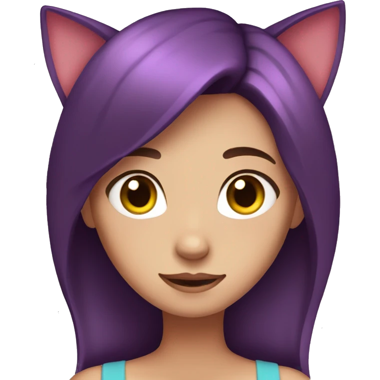 Girl blushing, dark brown red hair, purple eyes, with cat ears emoji
