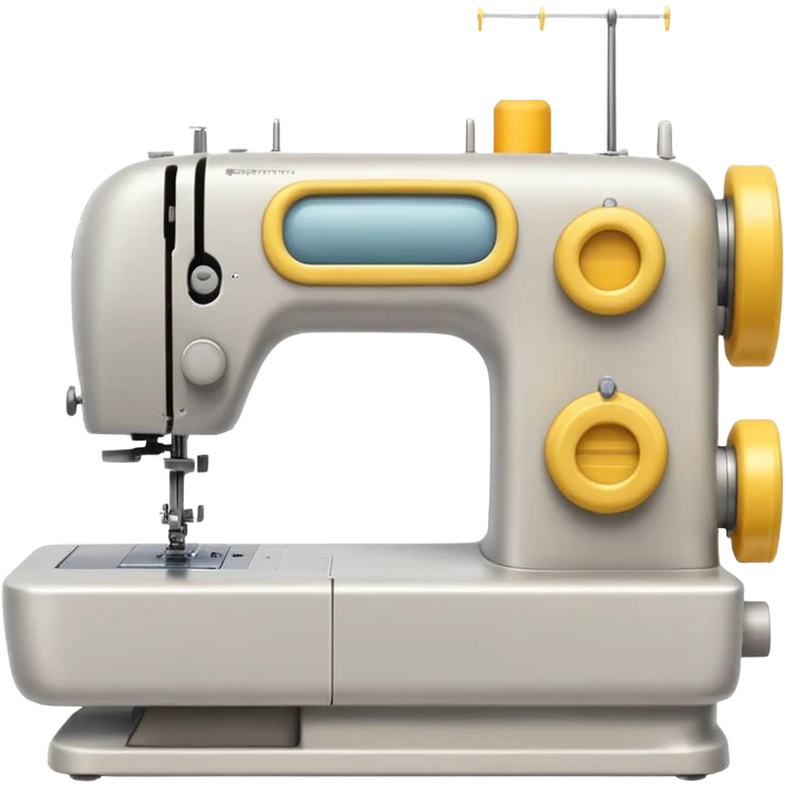 Emoji of a modern sewing machine inspired by a Brother machine. Soft, rounded shapes in the style of Apple emojis, with subtle gradients and soft shadows. White body with light gray details, a yellow spool on top emoji