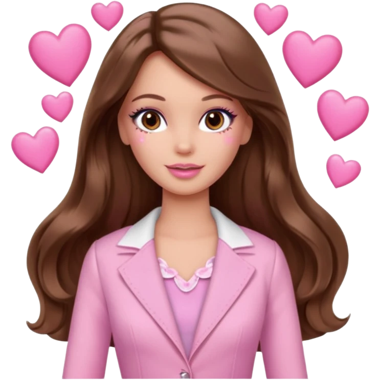 Barbie girl and  makeup , brown long straight wavy hair and brown eyes is In pale pink clothes There are pink hearts all around emoji